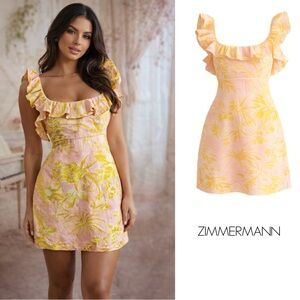 NEW Zimmermann Golden Tropical Print Ruffle Linen Mini dress